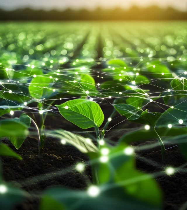 Green field of soybean plants with net of glowing dots above them. Concept of digital agriculture and smart farming Green field of soybean plants with net of glowing dots above them. Concept of digital agriculture and smart farming